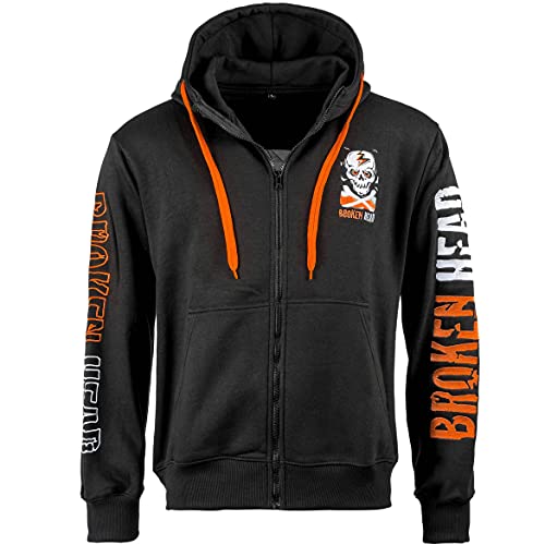 Broken Head Kapuzenjacke Original - Hoodie Sweatjacke mit Kapuze & Reißverschluss -Freizeitjacke - Schwarz-Orange (S)