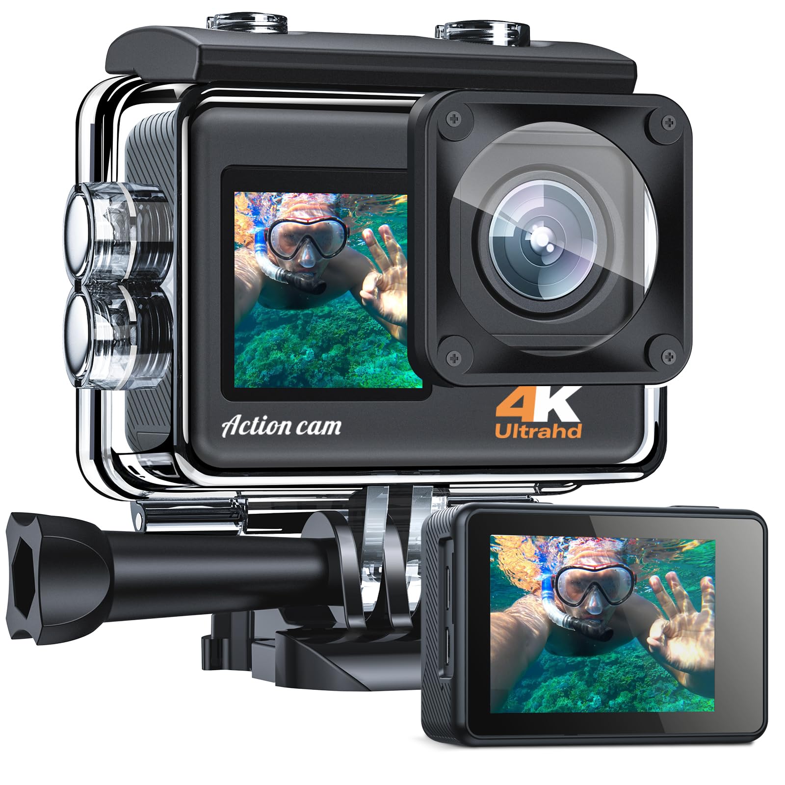 Action Cam 4K 24MP Unterwasserkamera 40m Wasserdichte Action-Kamera mit Doppelbildschirm Wi-Fi EIS Actioncam 170° Ultra HD Weitwinkelobjektiv Dual Screen Camcorder mit 2 Akkus und Zubehör Kit