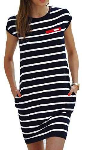 Sommerkleider Damen Kurzarm Kleider Jerseykleid Freizeitkleid Mini Dress Strandkleid Maritime S M L XL (340 Dunkelweiße Streifen, XL)