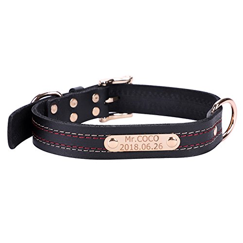 ITODA Leder Halsband für Haustiere mit Gravur nach Wunsch DIY Hundehalsband mit D-Ring und Metall Marke Personalisierte Halsband mit Name und Telefonnummer Schwarz S