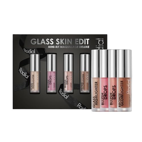 Rodial Glass Glow Edit: Blush Drops – Frosted Pink, Blush Drops – Sunset Kiss, Bronze Glowlighter, Glass Highlighter | Luxuriöses Make-up-Set | Schönheitsgeschenk