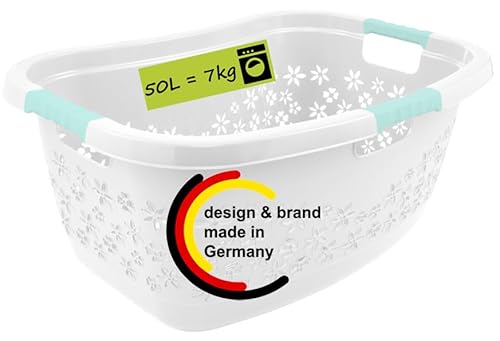 Premium Wäschekorb 50 L mit ergonomischer Form, Soft-Touch-Griffen, luftdurchlässigem Design und dekorativer Blumenoptik (weiß/aquamarin)
