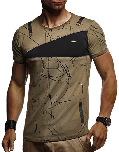 Leif Nelson Herren Sommer T-Shirt Rundhals-Ausschnitt Slim Fit Baumwolle-Anteil Moderner Männer T-Shirt Crew Neck Hoodie-Sweatshirt Kurzarm lang LN920 Khaki XX-Large