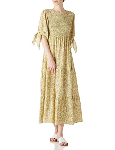 Amazon Brand find. Damen-Sommerkleid mit eleganten halben Ärmeln zum selbstbinden, Blumenmuster, Maxikleider, Gelb, Größe XXL
