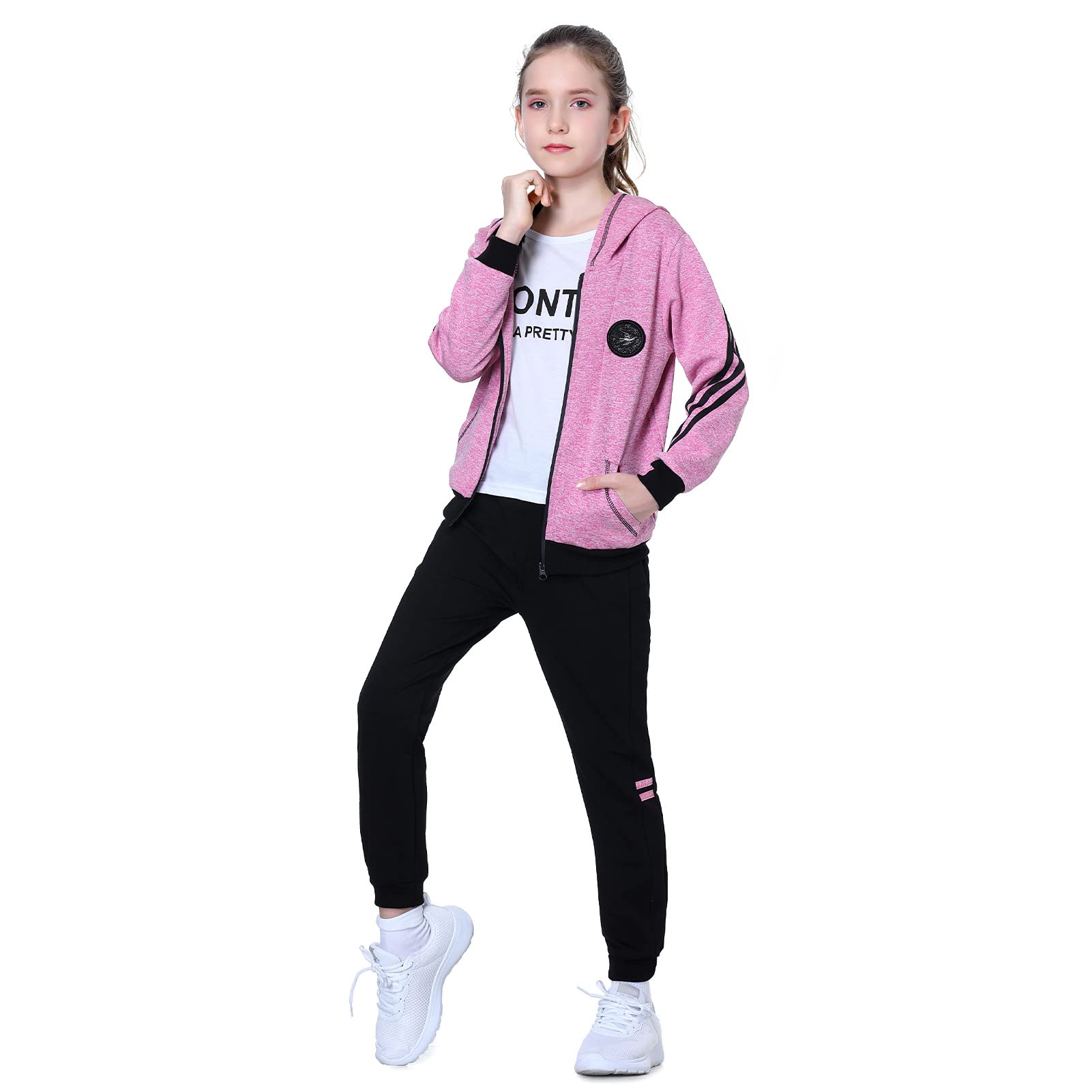 LPATTERN Kinder Mädchen 3tlg Bekleidungsset Sportanzug Trainingsanzug Jogginganzug Freizeitanzug Outfit-Set(Langarmshirt+ Kapuzenjacke+ Sporthose), Pink(3-Teilig), 116(Label:120)