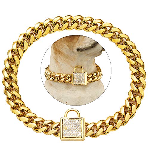 Hogdseirrs Tobetrendy Cuban Link Hundehalsband, goldfarben, mit Zirkonia-Verschluss, 14 mm, 14 mm