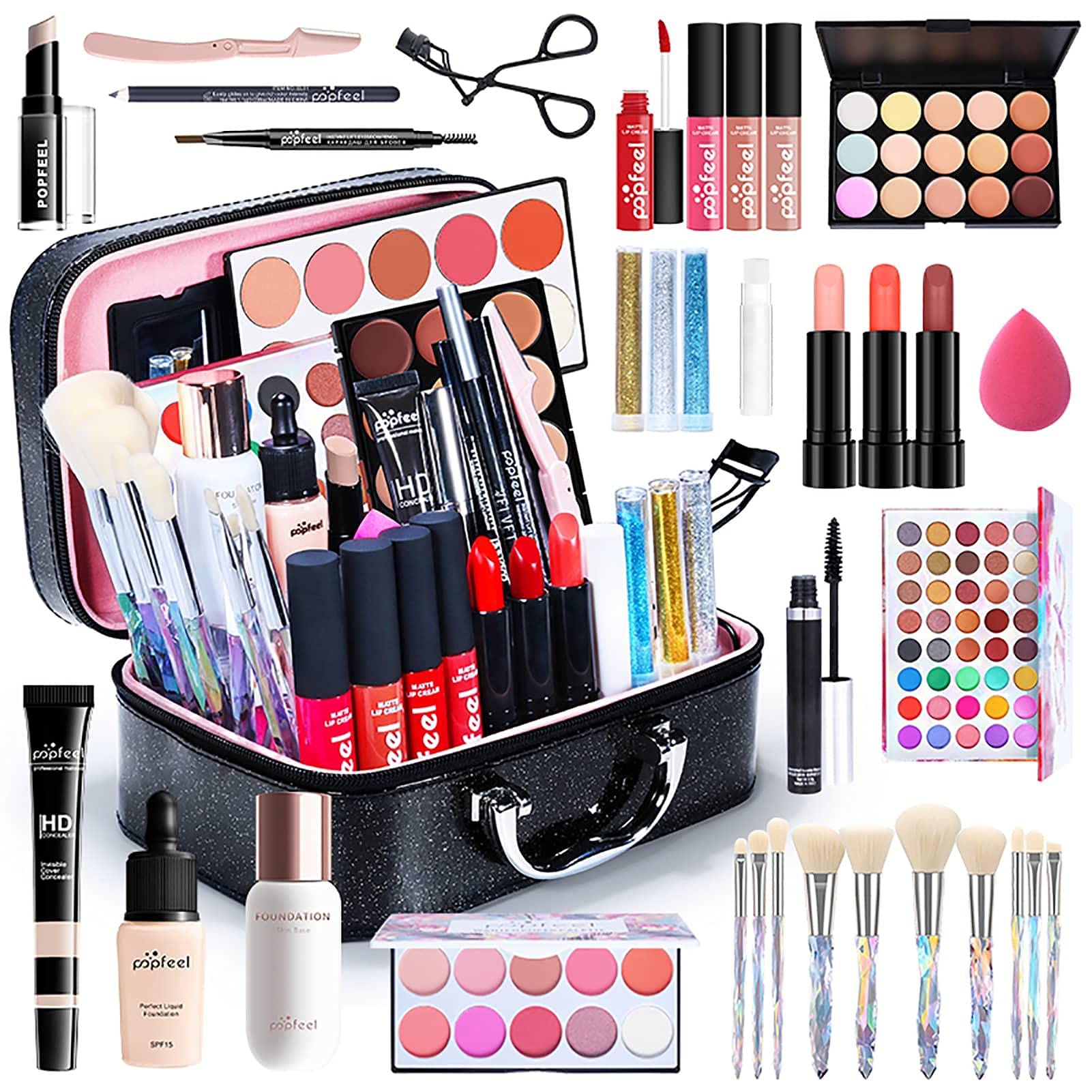 duhe189014 35-teiliges Make-up-Set für die Reise, All-in-Make-up-Set für Frauen, Mädchen, komplettes Make-up-Paket mit Make-up-Pinseln, Lippenstiften, Lidschatten und ehr