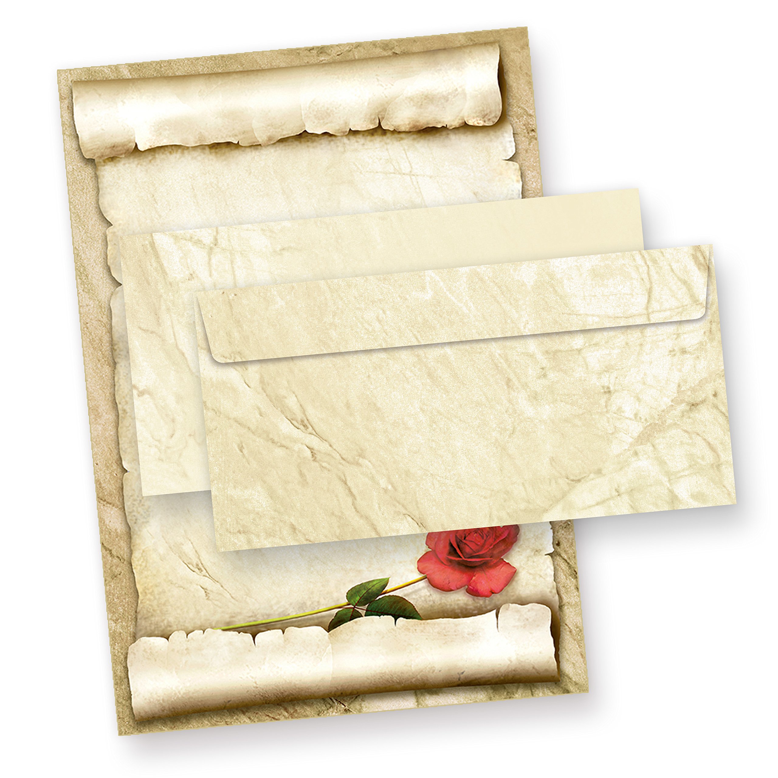 TATMOTIVE ROTE ROSE Briefpapier-Set (100 Sets) A4 Papier beidseitig + Umschläge