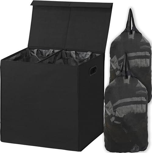 Simple Houseware Doppelter Wäschekorb mit Deckel und abnehmbaren Wäschesäcken, Schwarz