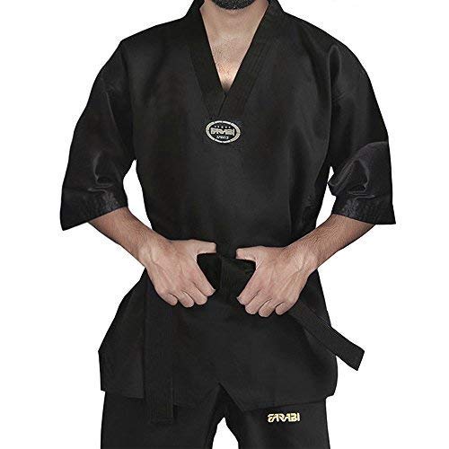 Farabi Taekwondo Uniforms Mix Martial Arts Gi Suits Outfit V Neck Black Poly Cotton Training Equipments (4/170, Black)