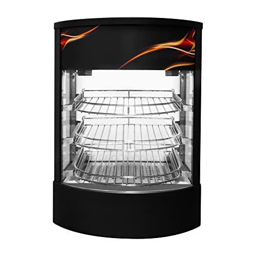 Speisenwärmer Heißtheke Warmhaltetheke Gewerblicher Glas warme Pizza Kuchen Vitrine schwarzer Stahl elektrisch 30-85°C Temperaturkontrollschalter Innenbeleuchtung 3-stufiges Drahtregal GRATIS Zange