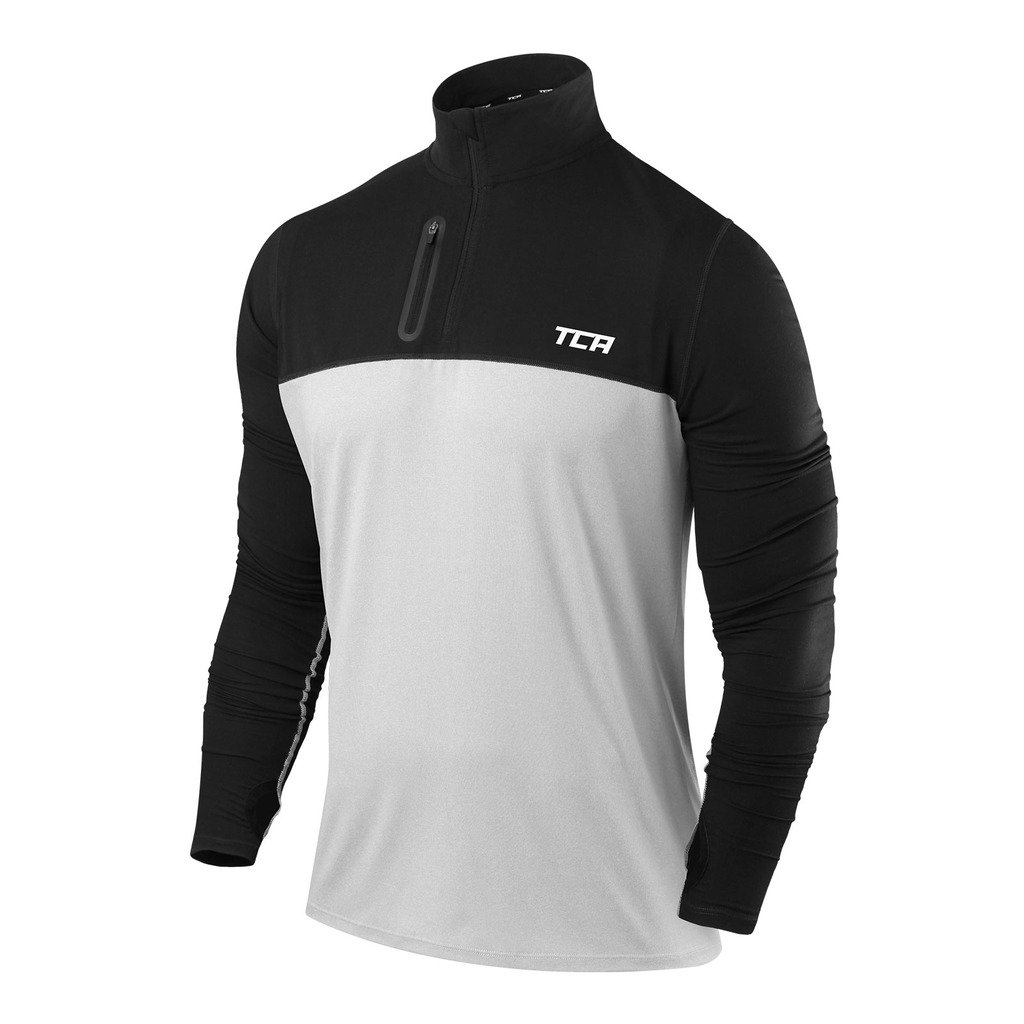 TCA Herren Fusion Pro Quickdry Langarm Lauf Shirt mit Halbem Reißverschluss - Grau/Schwarz, XXL