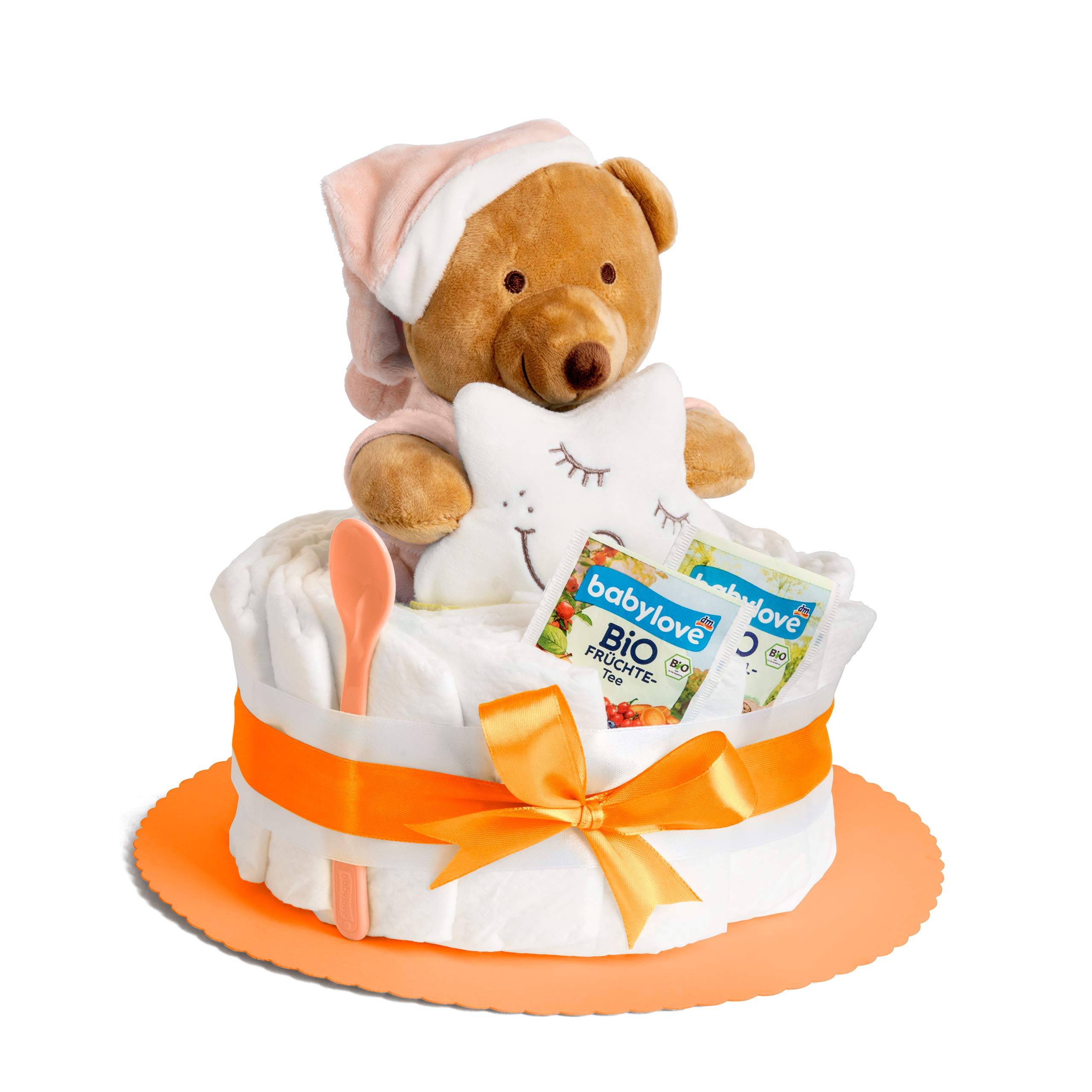 Windeltorte in Orange mit Kuscheltier für Mädchen oder Jungen, Pinkelparty Geschenke zur Geburt, Taufe oder Baby-Party - Geschenkidee mit neugeborene Windeln - Inkl. Glückwunschkarte