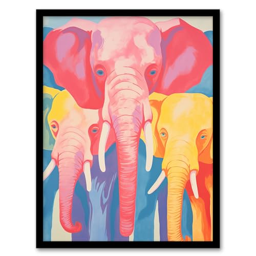 Pink Elephant and Family Red Yellow Blue Soft Pastel Screenprint Artwork Framed Wall Art Print A4
