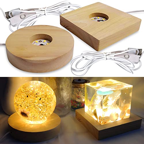 Voaesdk 2 x Holz-LED-Lichter, Display-Sockel, 9,94 cm, Holzlampenhalter, beleuchteter Sockel, für 3D-Laser-Kristallglas, Harzkunst, Kugel, Zylinderwürfel, Briefbeschwerer