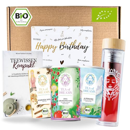 Tee Geschenkset 'Happy Birthday' – 3 Bio-Tees, Teeflasche To-Go & 48-seitiges Tee Magazin – Das ultimative Geburtstagsgeschenk für Tee-Liebhaber