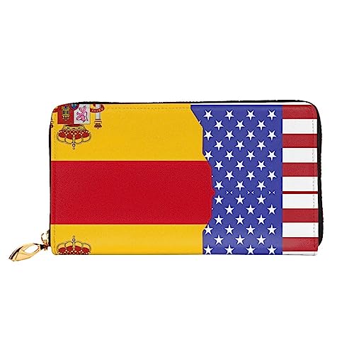 ZYVIA Ledergeldbörse mit amerikanischer Spanien-Flagge, Ledermaterial, wasserdicht, Reißverschluss-Design für Haltbarkeit, 12 Kreditkartenfächer, 3 Geldfächer, entworfen für modische Mädchen und