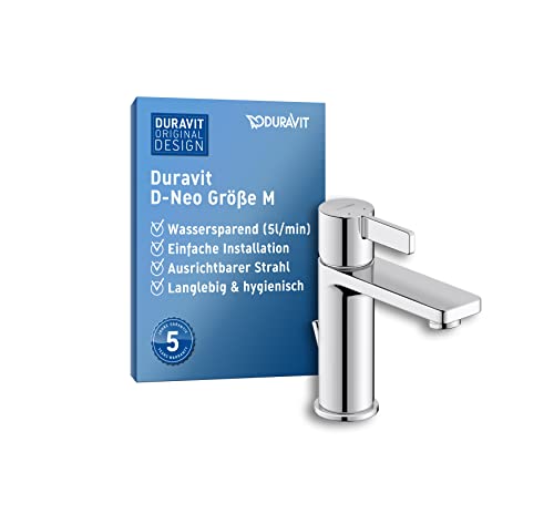 Duravit D-Neo Waschtischarmatur, Größe S (Auslauf Höhe 87 mm). Wasserhahn Bad mit FreshStart-Funktion, Chrom