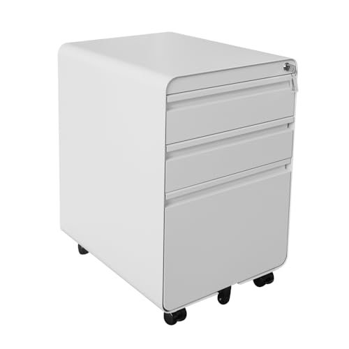 Rollcontainer, abschließbar, Aktenschrank mit 3 Schubladen, Büroschrank mit 5 Rollen, Schreibtisch, Unterschrank, für Akten, Dokumente im A4- und Letter (Weiß)
