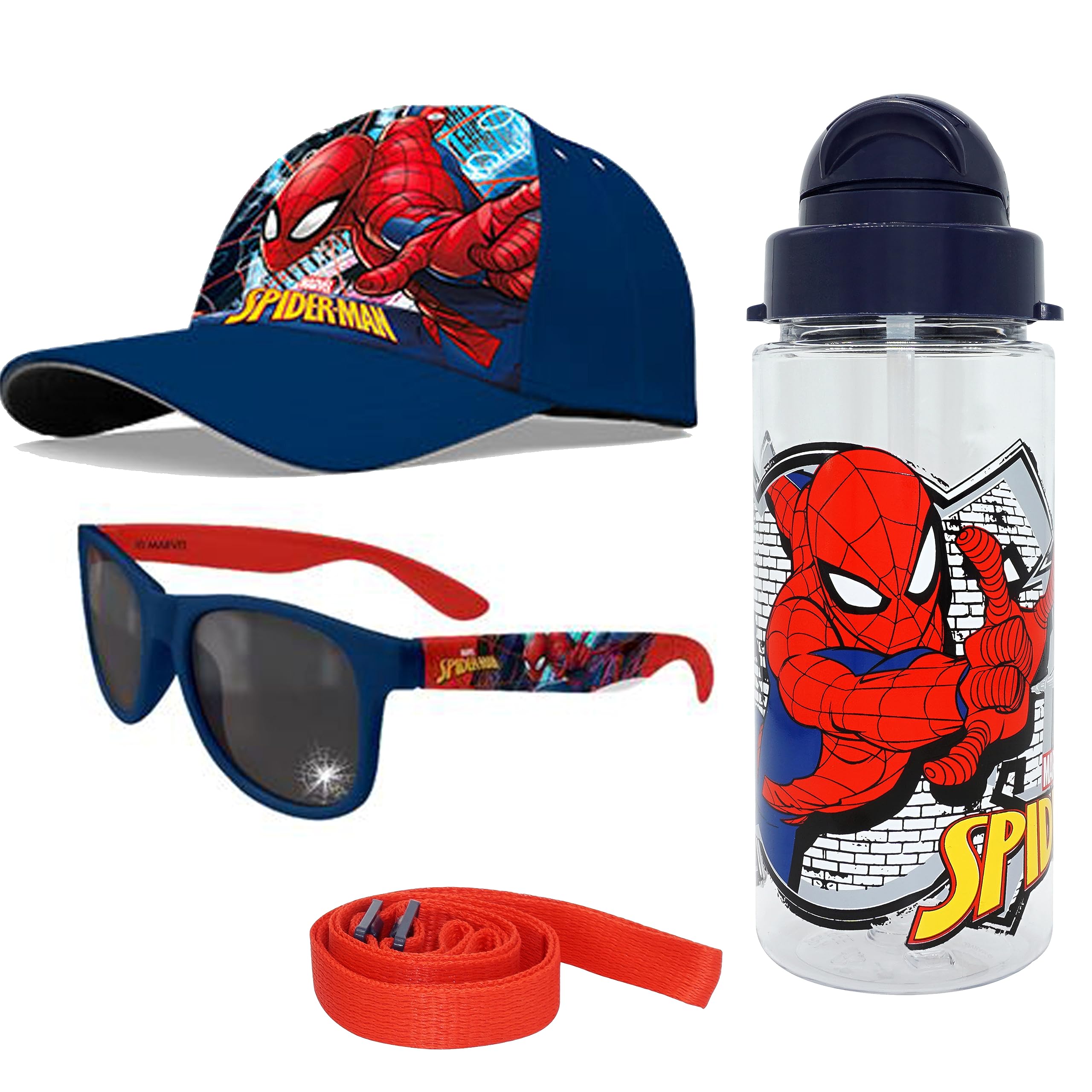Kinder Schule Sommer Caps, Wasserflasche und Sonnenbrille, (Spiderman Blue), 3-7 Jahre
