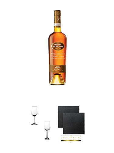 Pierre Ferrand Reserve Cognac 0,7 Liter + Nosing Gläser Kelchglas Bugatti mit Eichstrich 2cl und 4cl - 2 Stück + Schiefer Glasuntersetzer eckig ca. 9,5 cm Ø 2 Stück