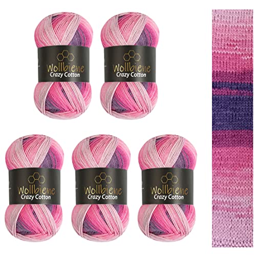 5 x 100g Wollbiene Crazy Cotton Batik 500 Gramm mit Farbverlauf 55% Baumwolle mehrfarbig Multicolor Strickwolle Häkelwolle Wolle Ganzjahreswolle (6040 beere lila rosa)