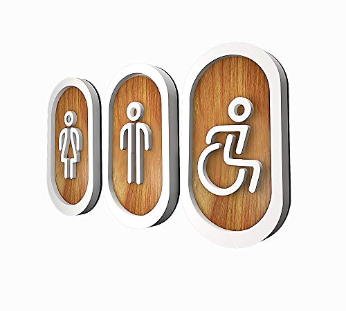 DOJA Barcelona | Toilette Gäste WC Schild Aufkleber | Damen + Herren + Behinderten | Weiß - Holz | 180x100mm Ø | Selbstklebend WC-Tuerschild Mann-Frau Toilettenschild