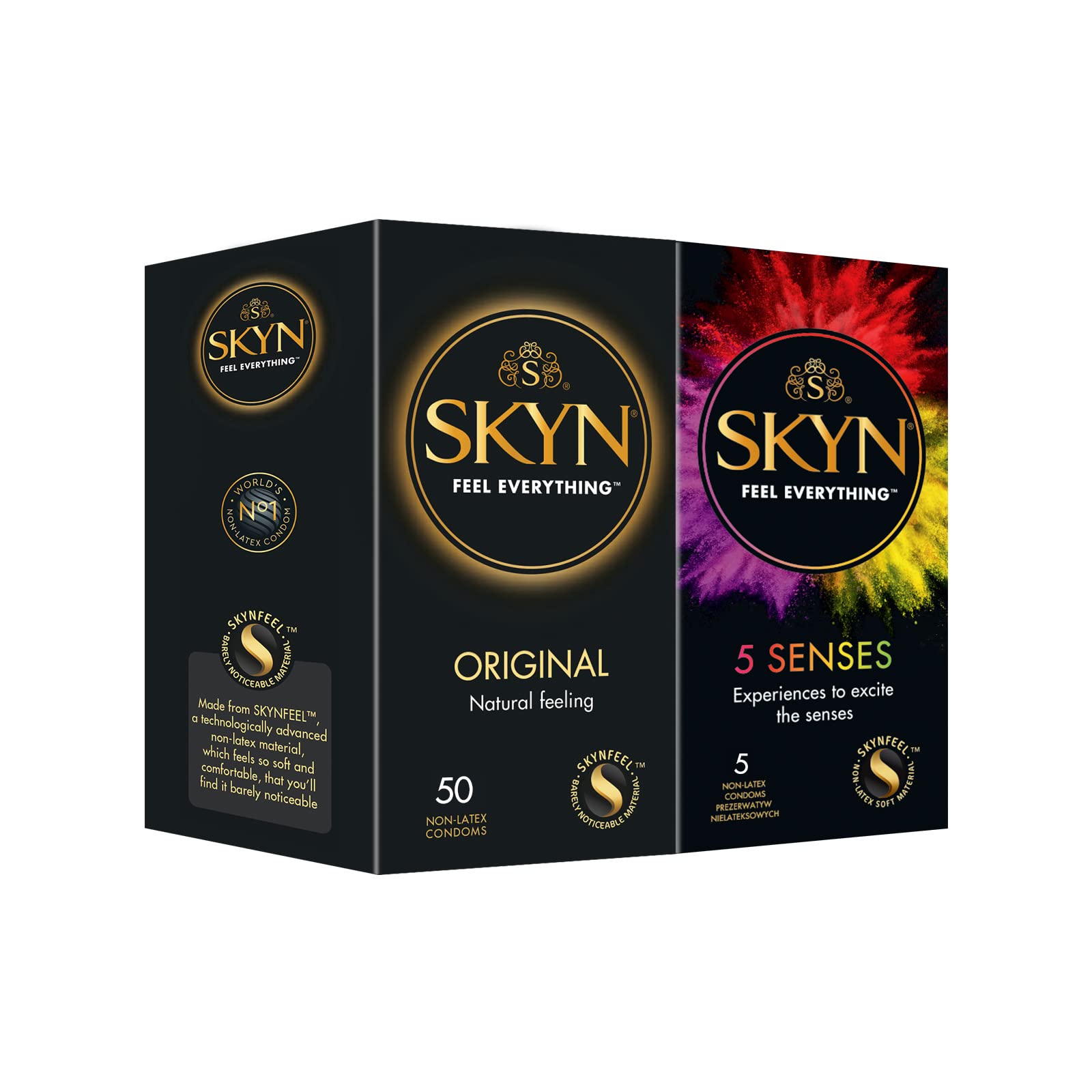 SKYN Original Kondome (50 Stück) & 5 Senses Kondome (5 Stück) | Skynfeel Latexfreie Kondome für Männer, Gefühlsecht Hauchzart, Kondome 53mm Breite