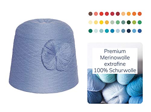 Moschen-Bayern Strickwolle 1 kg 1000g Merinowolle Extrafine 100% Schurwolle Schafwolle Handstrick Wolle zum Stricken Häkelwolle Häkeln Garn Nadel 2,5 3 3,5 4 - Blau Rauchblau