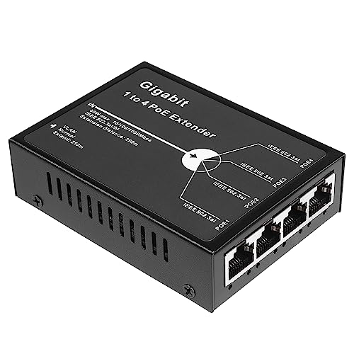 Revotech Gigabit 4 Anschluss 60W PoE Extender,1000Mbps 1 in 4 Out PoE+ Repeater mit 3 Modi verfügbar, 60W 802.3BT Eingang, 802.3at Ausgang 30W, 100m/250m PoE Verlängerung für PoE Geräte(POE5004G-V2)