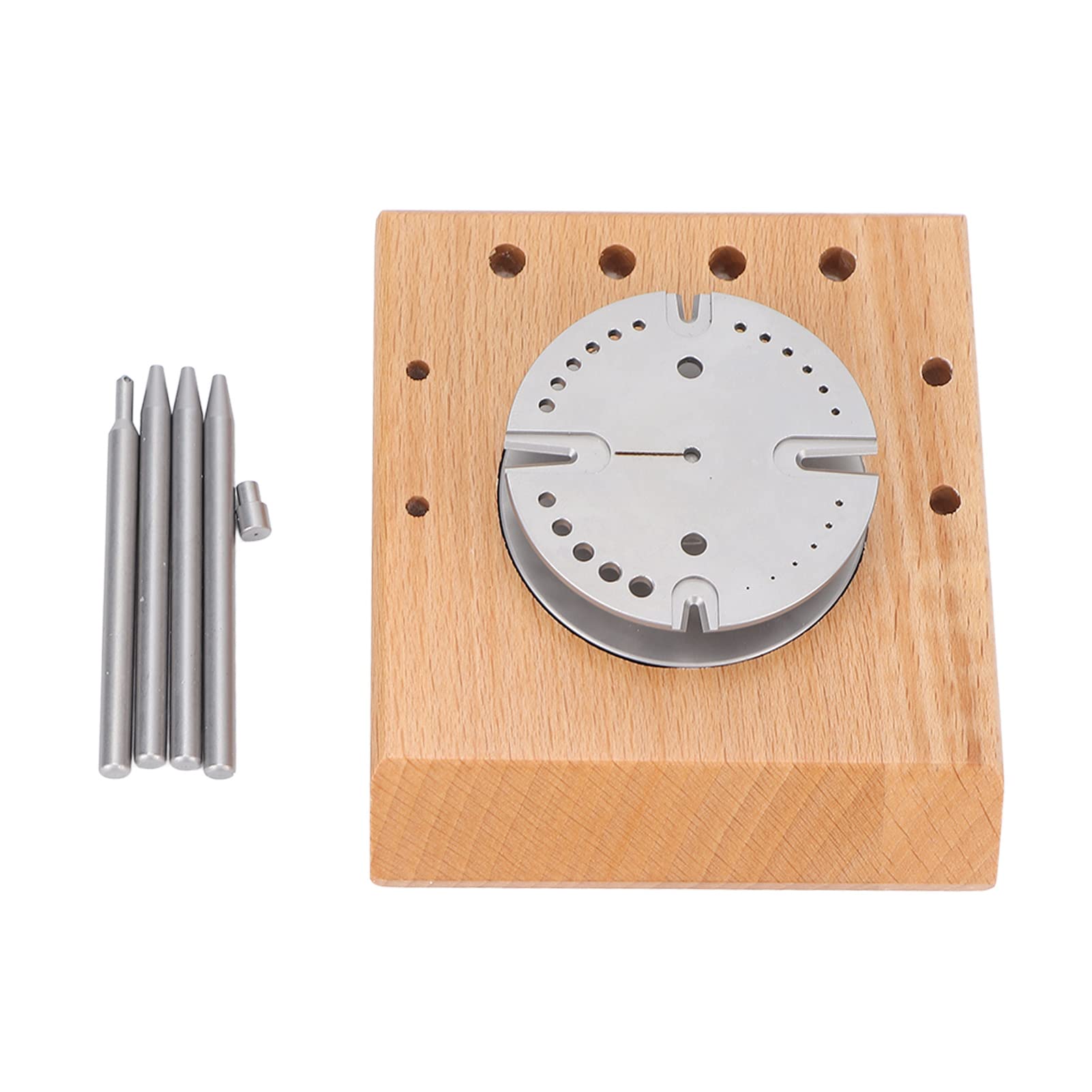 Unruh-Radständer für Uhren, fester Stahl-Uhrwerks-Unruh-Halter Verschiedene Stiftstanzen Holzsockel für die Reparatur von Uhren