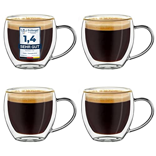 Creano doppelwandige Espresso-Gläser mit Henkel, 4er-Set 100ml, Mokkatassen, Thermo-Gläser mit Schwebe-Effekt