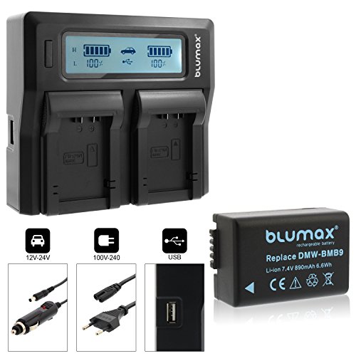 Blumax Akku ersetzt Panasonic DMW-BMB9 / DMW-BMB9E 890mAh + Doppel-Ladegerät | kompatibel mit Panasonic Lumix DMC-FZ40-FZ45-FZ47-FZ48-FZ60-FZ62-FZ70-FZ72-FZ100-FZ150 Leica V-LUX 2/3