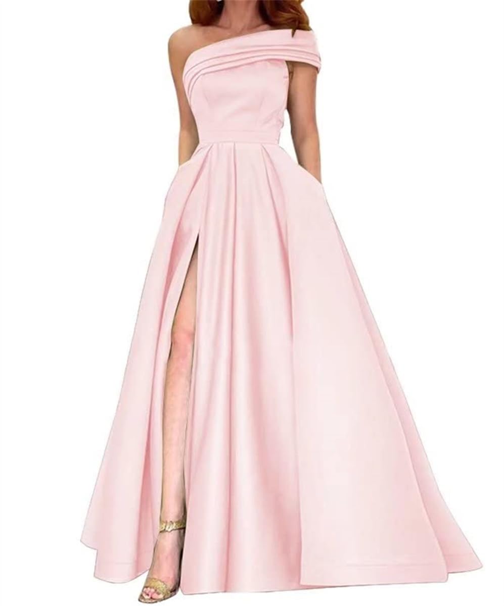 Eine Schulter Satin Prom Kleid mit Schlitz Lange Abendkleider für Frauen Formale mit Taschen A Linie Hochzeit Party Kleid, rose, 44