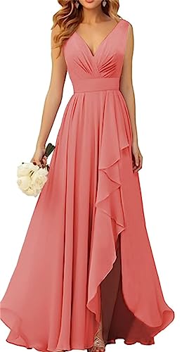 WSEYU V-Ausschnitt Chiffon Brautjungfer Kleider für Hochzeit Lange Formale Abendkleid mit Rüschen Schlitz, korallenrot, 38