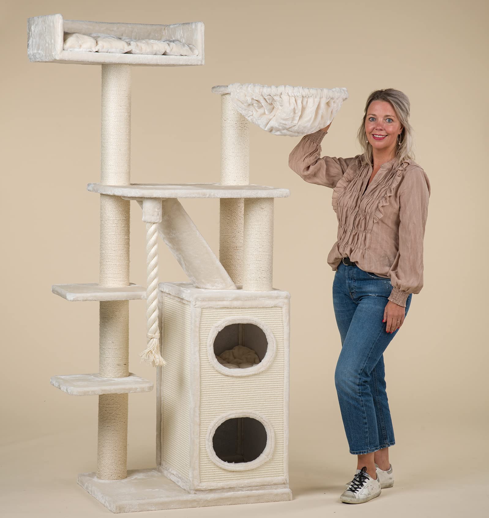 RHRQuality kratzbaum Grosse Katzen stabil XXL Cat Penthouse katzenkratzbaum für Maine Coon große katzenbaum schwere Katze kletterbaum kratzmöbel Dicker stamm (Normal, Beige)