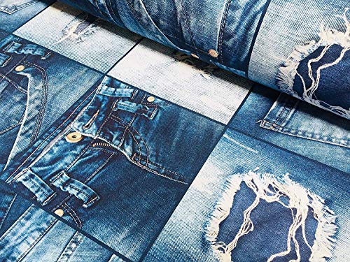 LushFabric Denim Jeans-Effekt, für Innendekoration, Vorhänge, Baumwollstoff, Jeansstoff, Patchwork, Digitaler Denim-Druck, Leinwand, 140 cm breit, Baumwolle, blau, 2 m