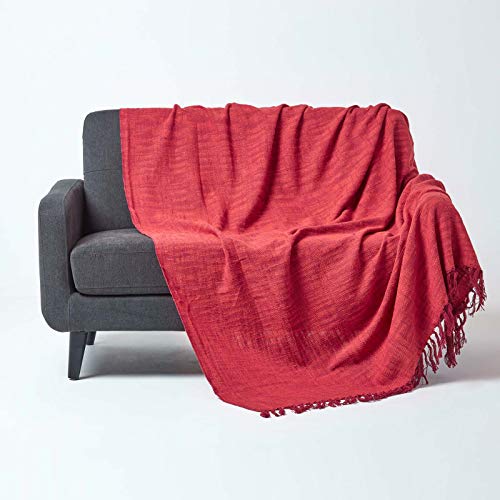 Homescapes Nirvana Handgewebte Dekokissen und Überwurf aus 100% Reiner Baumwolle, Kirschrosa, strapazierfähig… (225 x 255 cm, Rot)