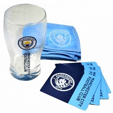 Mini-Bar-Set aus dem Pint-Glas, Untersatz und Barhandtuch mit dem Manchester-City-Druck