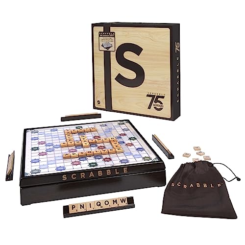 Mattel Games Scrabble Brettspiel – Familienspiel in der Sonderedition zum 75. Jubiläum mit drehbarem Holzbrett und 2 Spielmöglichkeiten für die ganze Familie, HPK86