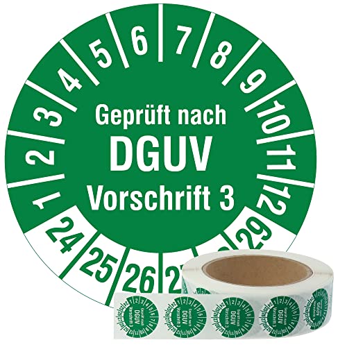 Labelident Mehrjahresprüfplaketten 2024-2029 - Geprüft nach DGUV Vorschrift 3 - Ø 30 mm, 1000 widerstandsfähige Prüfplaketten auf Rolle, Polyethylen, grün, selbstklebend