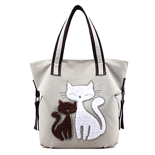 MIFXIN Damen-Schultertasche aus Segeltuch mit Katzen-Motiv – Handtasche für Reisen und Strand – Retro-Handtaschen für Mädchen, Mädchen, weiß