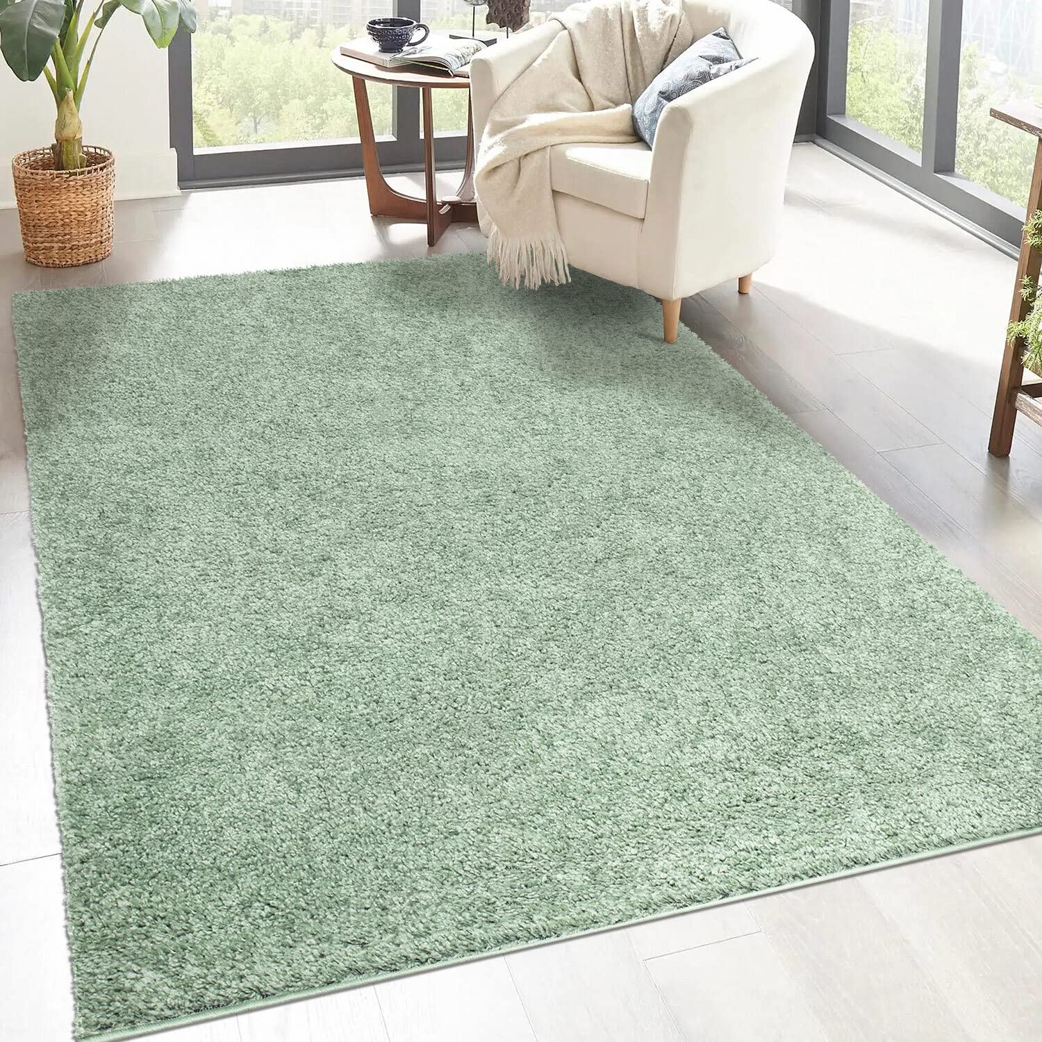 carpet city Shaggy Hochflor Teppich - 150x150 cm Quadratisch - Grün - Langflor Wohnzimmerteppich - Einfarbig Uni Modern - Flauschig-Weiche Teppiche Schlafzimmer Deko