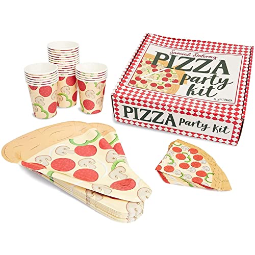 Blue Panda Pizza-Party-Set - Für 24 Personen - Inklusive Pappteller, Servietten, Pappbecher mit Pizza-Motiv, Teller und Servietten In Form von Pizza-Stücken - Mehrfarbig - AUSVERKAUF