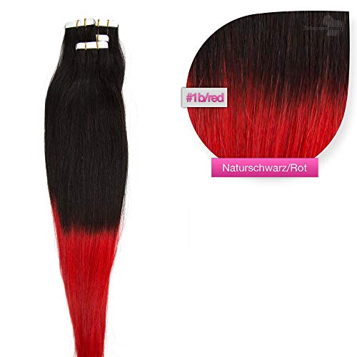 Tape Extensions Ombré Echthaar Haarverlängerung 50cm Tape In Haare mit Klebeband 20 Tressen x 4 cm breit und 2,5g Gewicht pro Tresse Farbe #1b/red