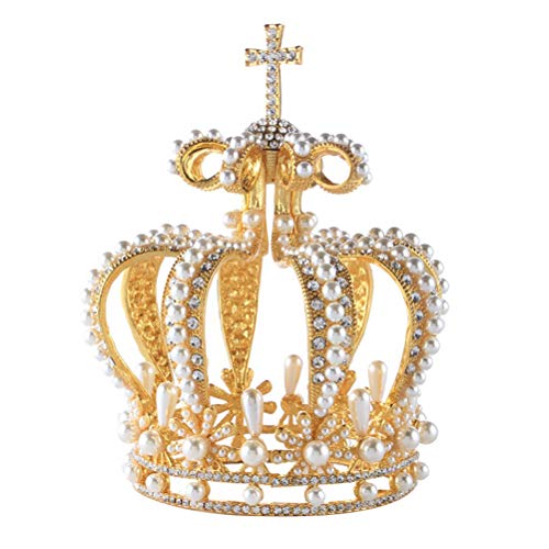 Lurrose Goldene Hochzeitskrone Barock Vintage Krone Tiara Strass Perle Royal Runde Hochzeit Braut Königin Kronen