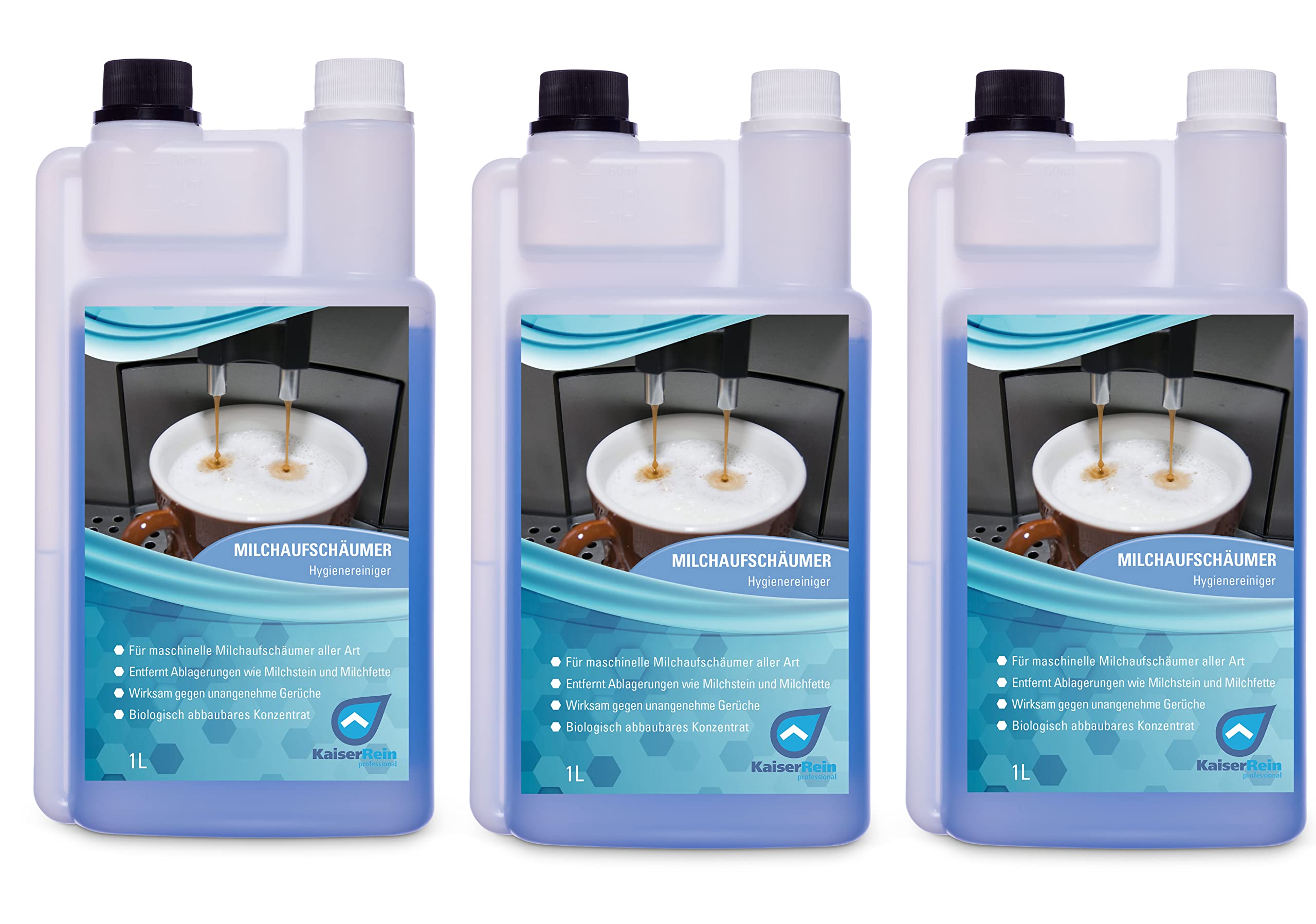 KaiserRein Milchschaum-Reiniger Konzentrat 3x1L Flüssig-Reiniger für Milchaufschäumer bis zu 66 Anwendungen pro l Flüssig Reiniger für Milchsystem & Milchleitung Milchreinigungsmittel