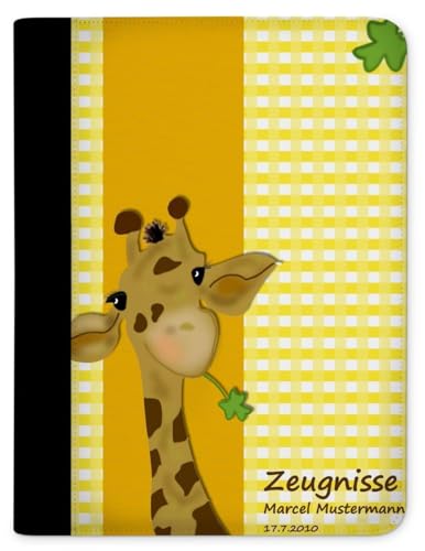 CreaDesign Zeugnismappe A4 mit Namen personalisiert Zeugnis Mappe Giraffe Streifen Gelb 26,7 x 32,7 x 1 cm, Rücken Kunstleder Schwarz, ideal für Grundschule