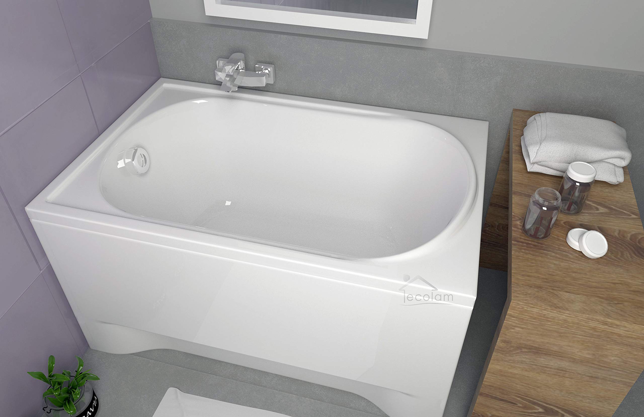 ECOLAM Badewanne Mini Polimat kleine Wanne Rechteck Acryl weiß 110x70 cm + Schürze Ablaufgarnitur Ab- und Überlauf Automatik Füße Silikon Komplett-Set