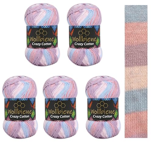 5 x 100g Wollbiene Crazy Cotton Batik 500 Gramm mit Farbverlauf 55% Baumwolle mehrfarbig Multicolor Strickwolle Häkelwolle Wolle Ganzjahreswolle (7000 hellblau rosa flieder)